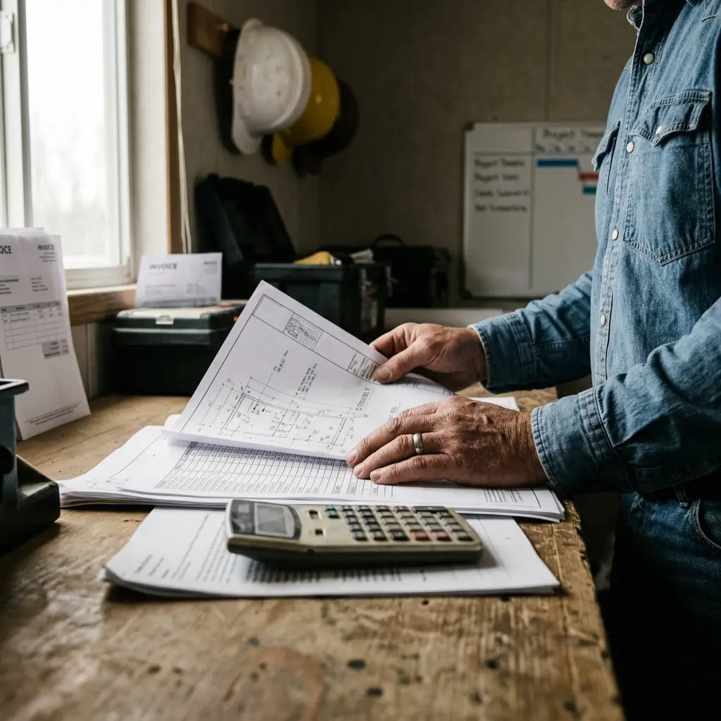 Contractor reviewing project drawings and invoices